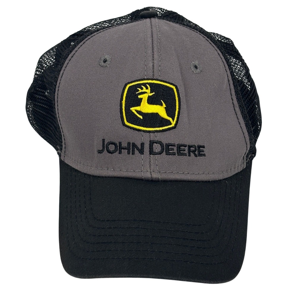John Deere Trucker Hat Gray Black Mesh Snapback Cap Logo